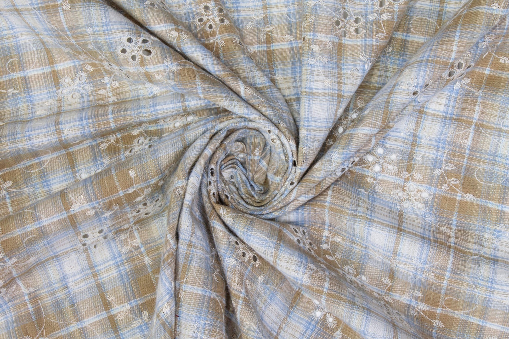 Embroidered Plaid Cotton Eyelet - Beige and Blue - Prime Fabrics