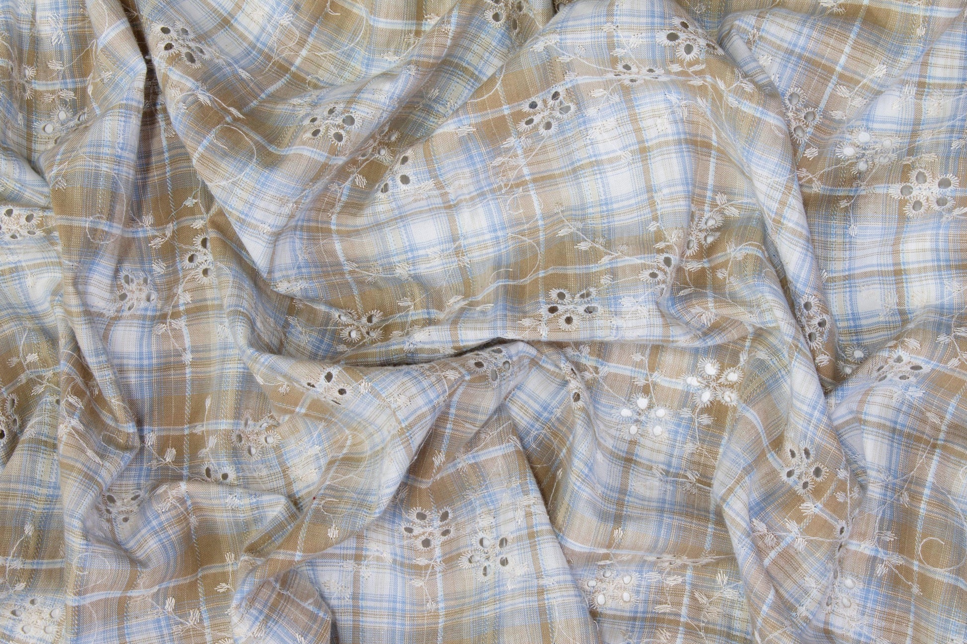 Embroidered Plaid Cotton Eyelet - Beige and Blue - Prime Fabrics