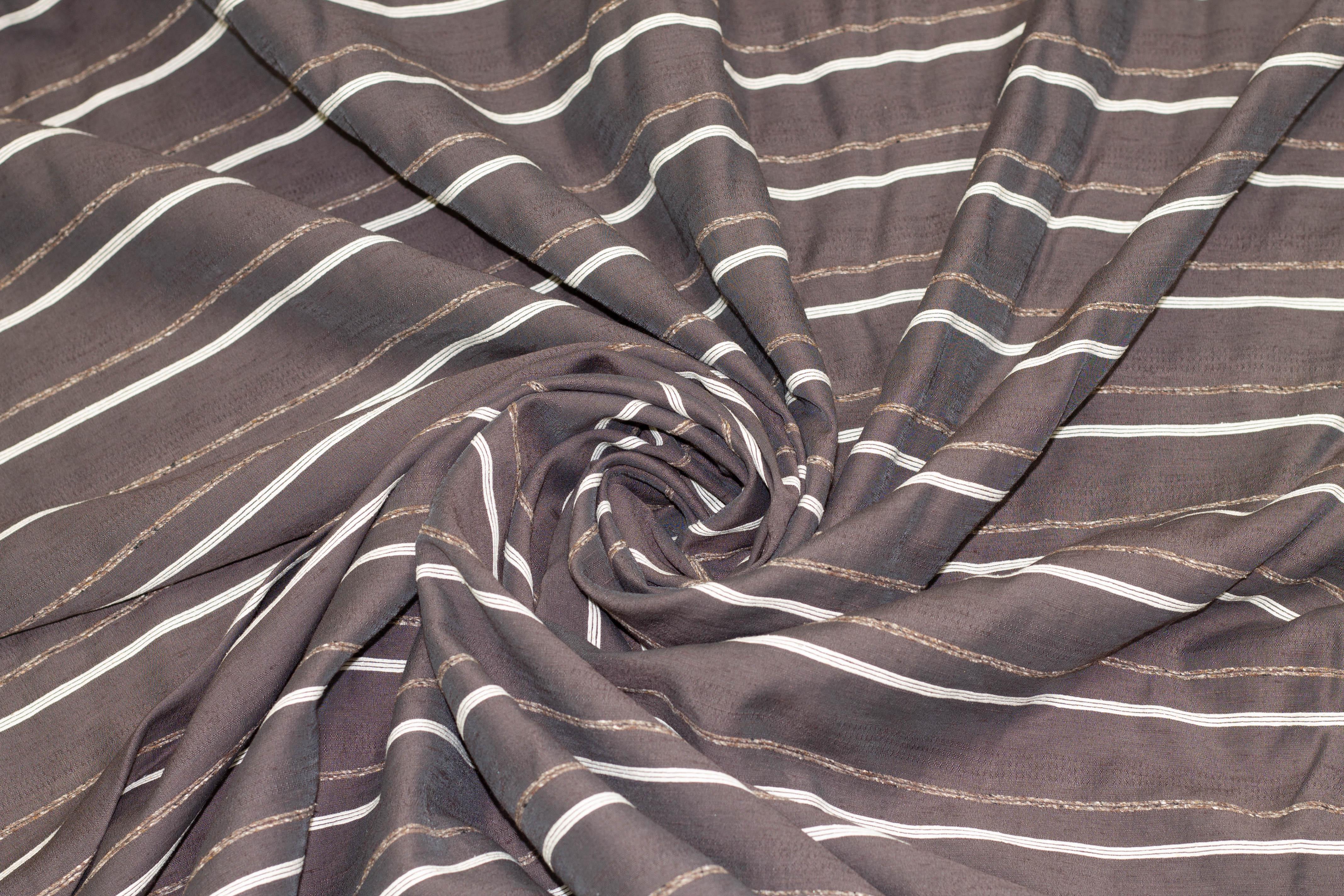 Gray, Brown and White Striped Italian Silk and Linen Blend - Prime Fabrics