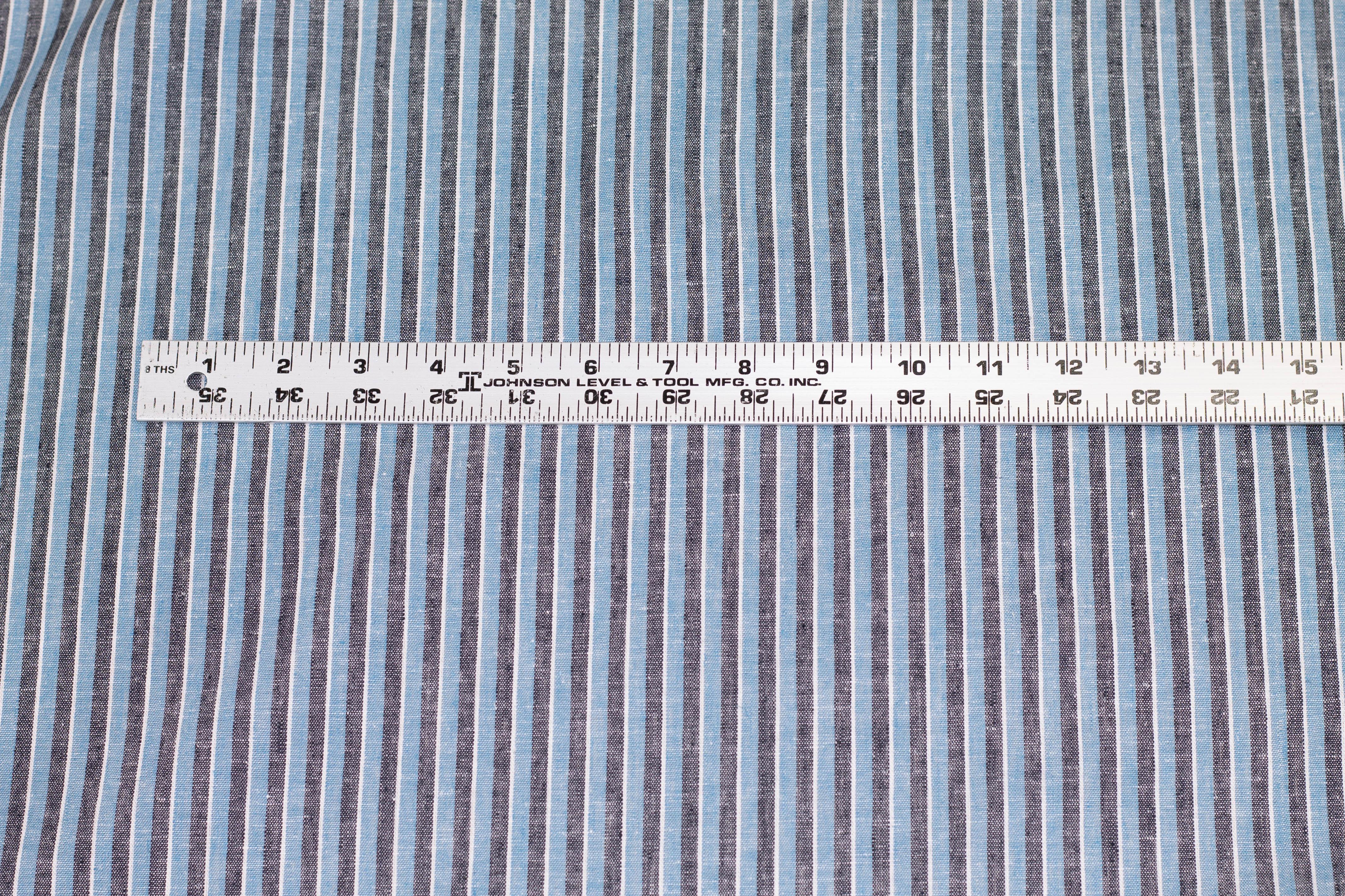 Blue, Gray and White Striped Linen - Prime Fabrics