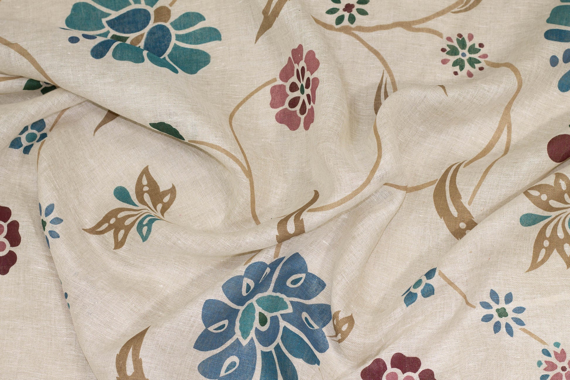 Khaki, Blue, and Maroon Floral Linen - Prime Fabrics