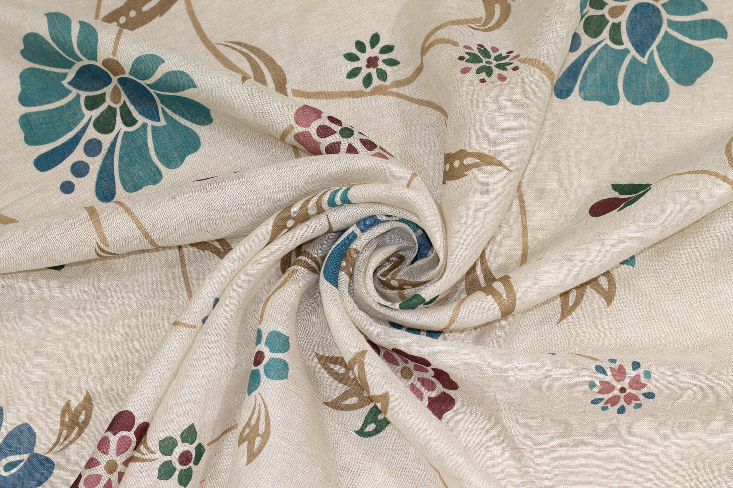 Khaki, Blue, and Maroon Floral Linen - Prime Fabrics