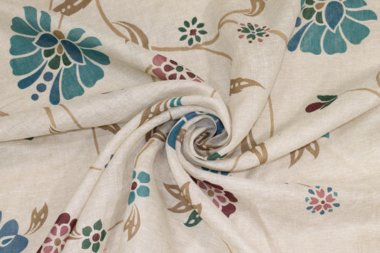 Khaki, Blue, and Maroon Floral Linen - Prime Fabrics