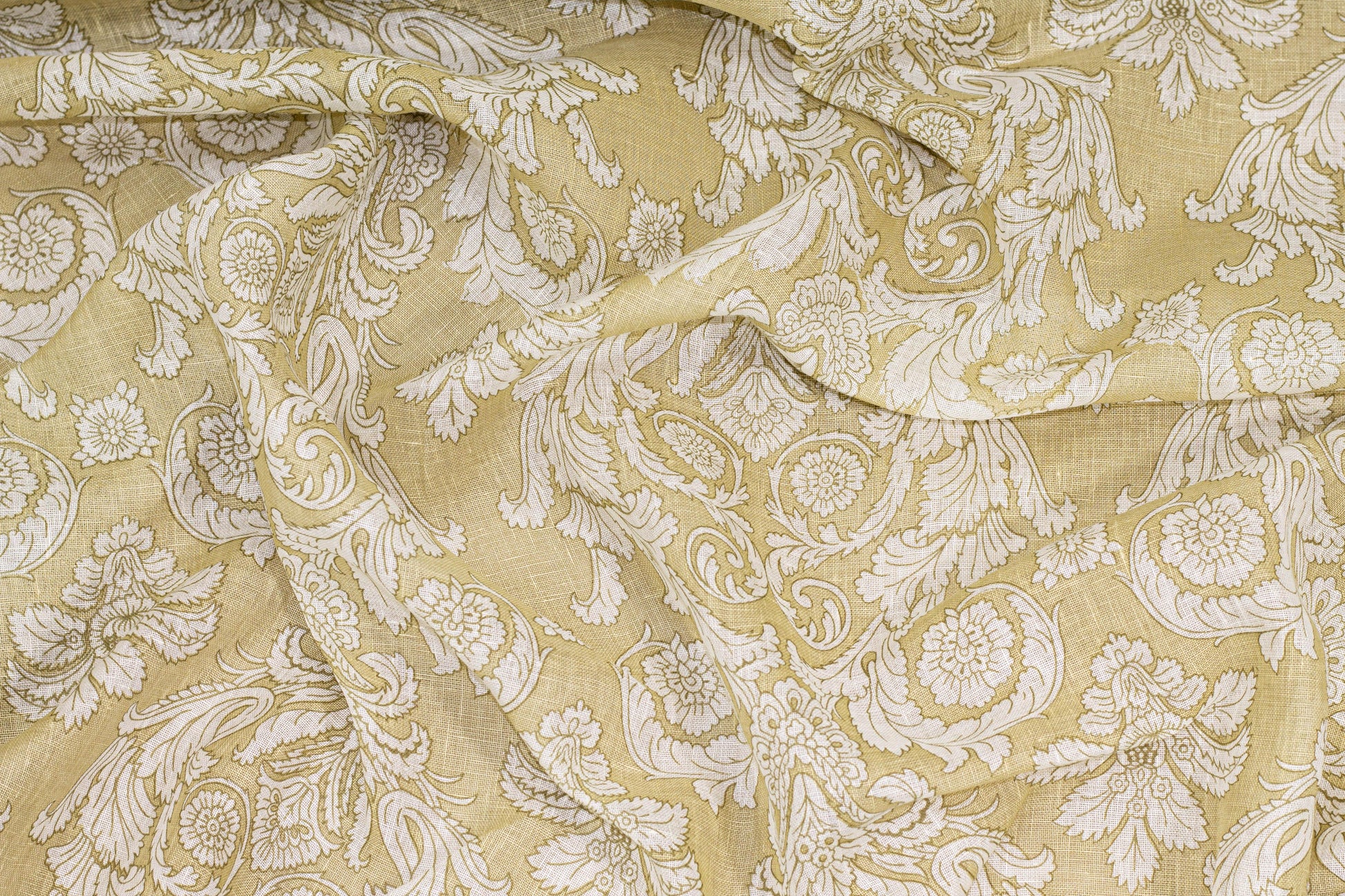 Khaki and Off White Damask Linen - Prime Fabrics