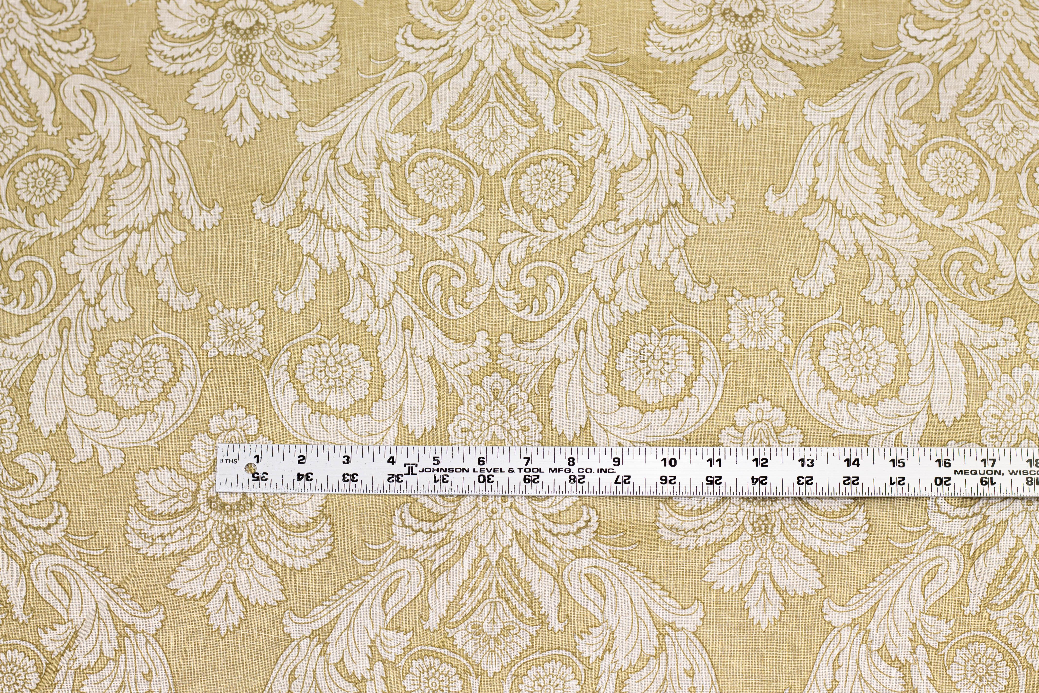 Khaki and Off White Damask Linen - Prime Fabrics