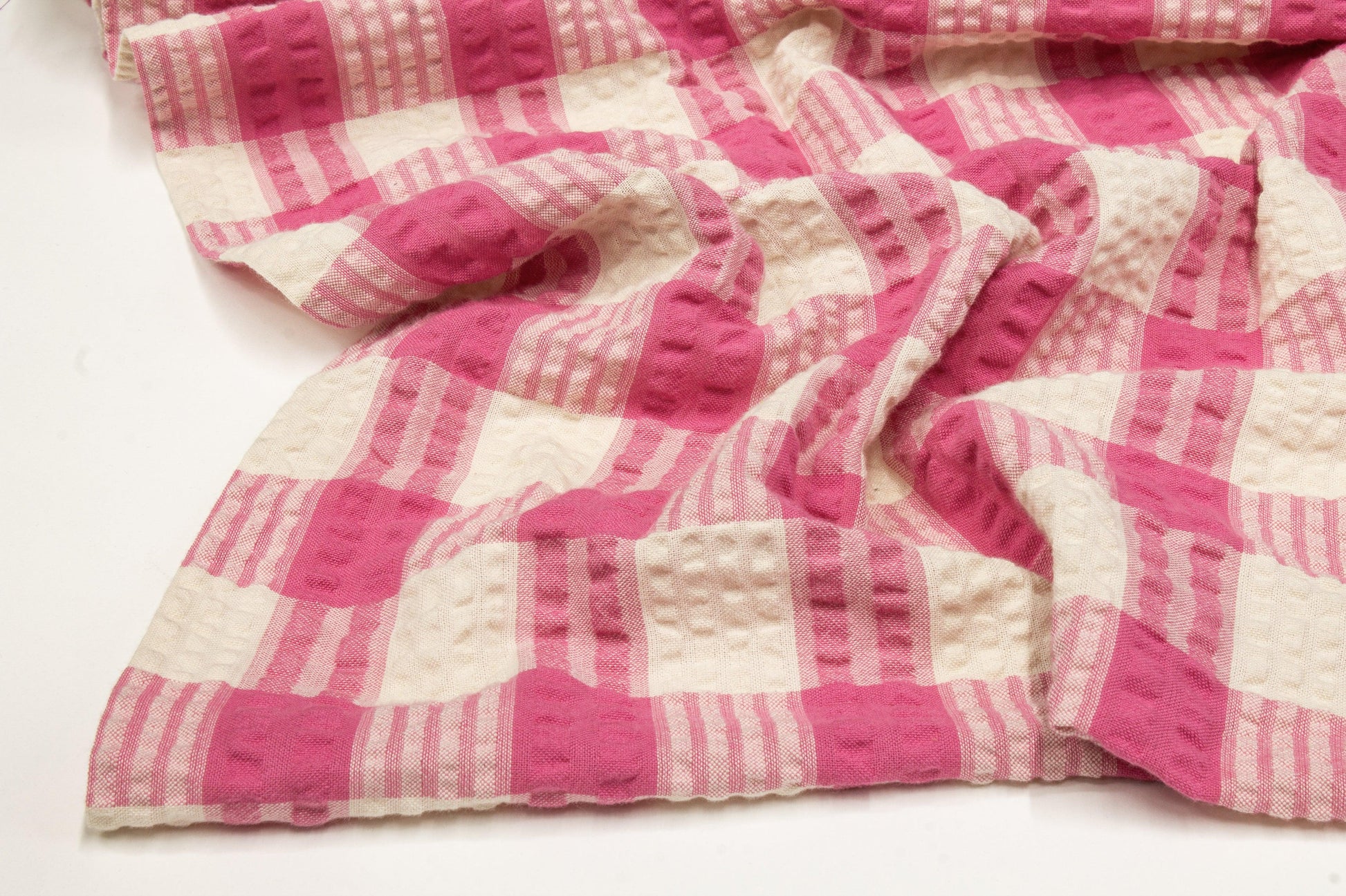 Textured Checked Cotton - Pink and Off White - Prime Fabrics
