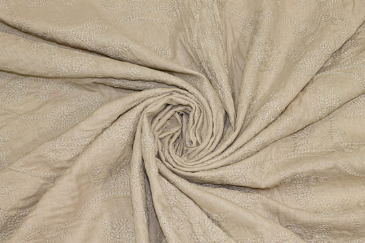 Khaki Floral Embroidered Italian Linen - Prime Fabrics