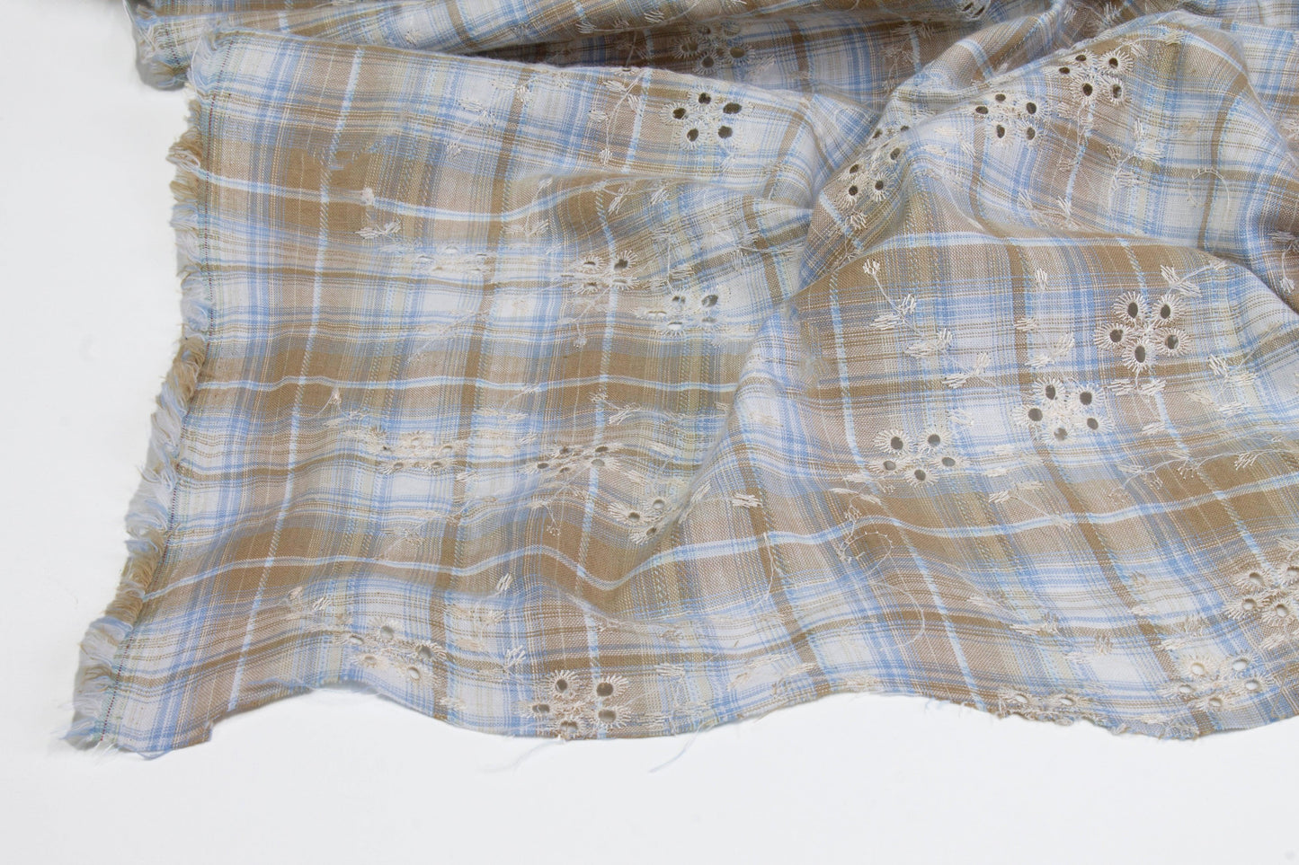 Embroidered Plaid Cotton Eyelet - Beige and Blue - Prime Fabrics