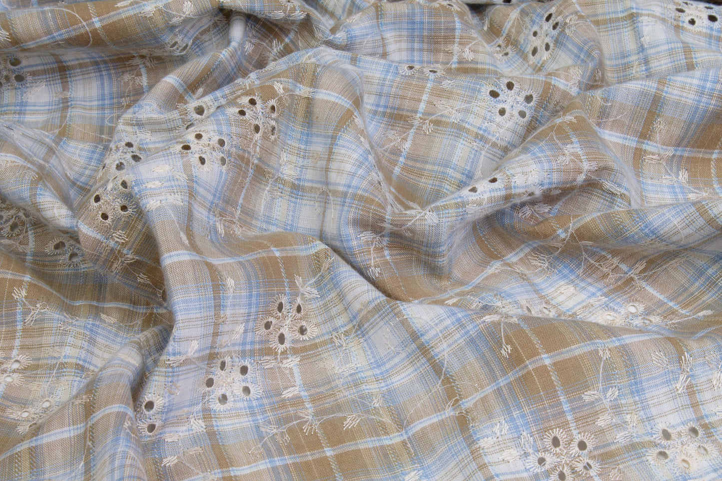 Embroidered Plaid Cotton Eyelet - Beige and Blue - Prime Fabrics