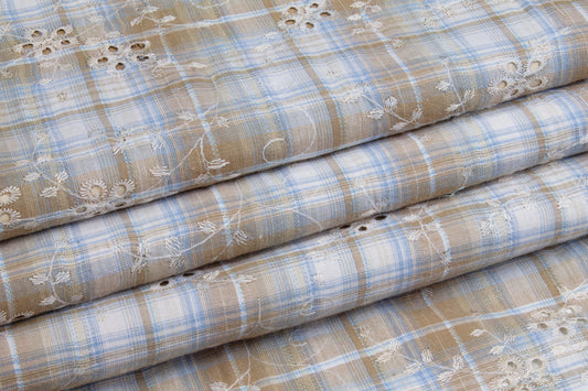 Embroidered Plaid Cotton Eyelet - Beige and Blue - Prime Fabrics