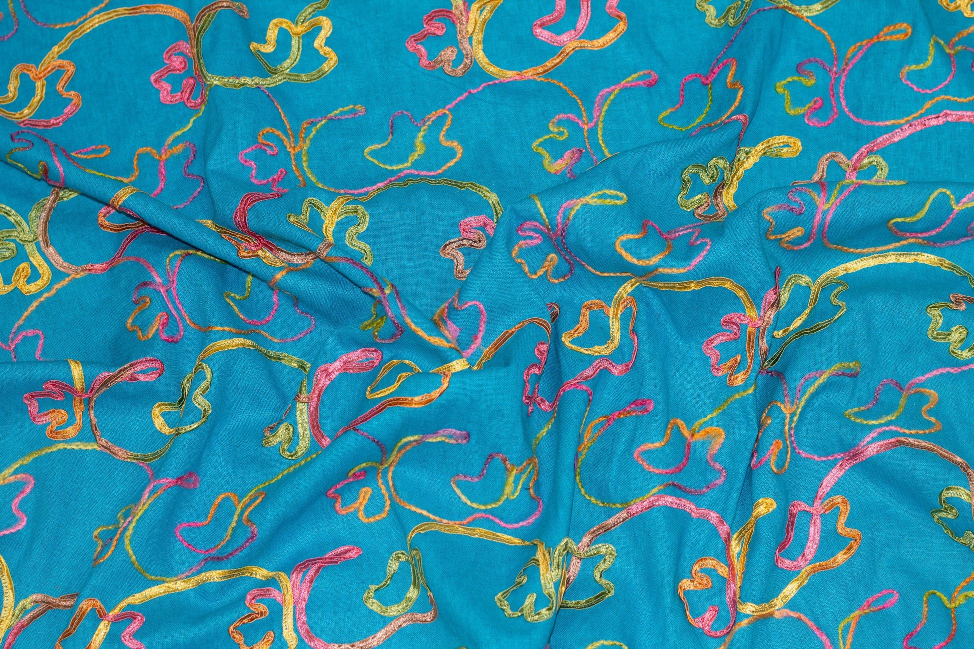 Blue and Multicolor Embroidered Linen - Prime Fabrics