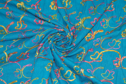 Blue and Multicolor Embroidered Linen - Prime Fabrics