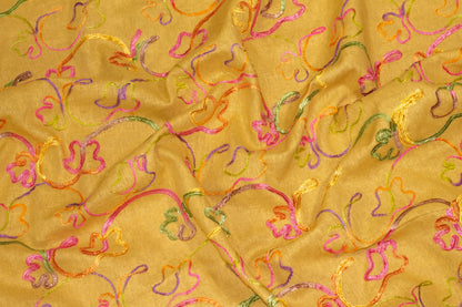 Yellow Brown and Multicolor Embroidered Linen - Prime Fabrics