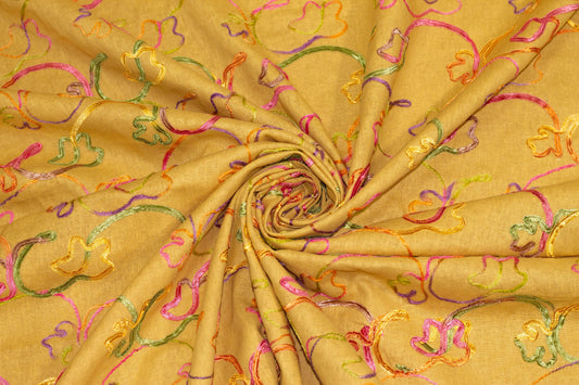 Yellow Brown and Multicolor Embroidered Linen - Prime Fabrics