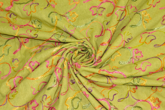 Green and Multicolor Embroidered Linen - Prime Fabrics
