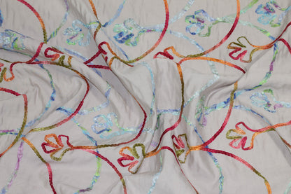 Gray and Multicolor Embroidered Linen and Rayon Blend - Prime Fabrics