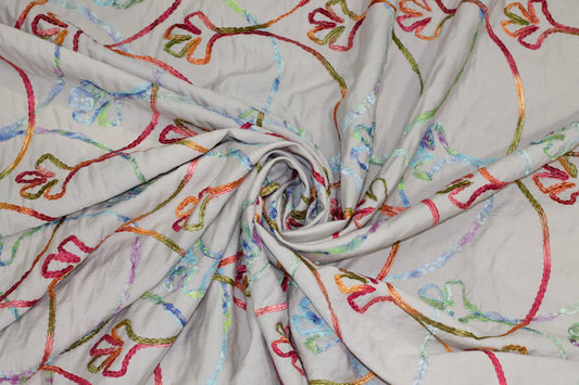 Gray and Multicolor Embroidered Linen and Rayon Blend - Prime Fabrics