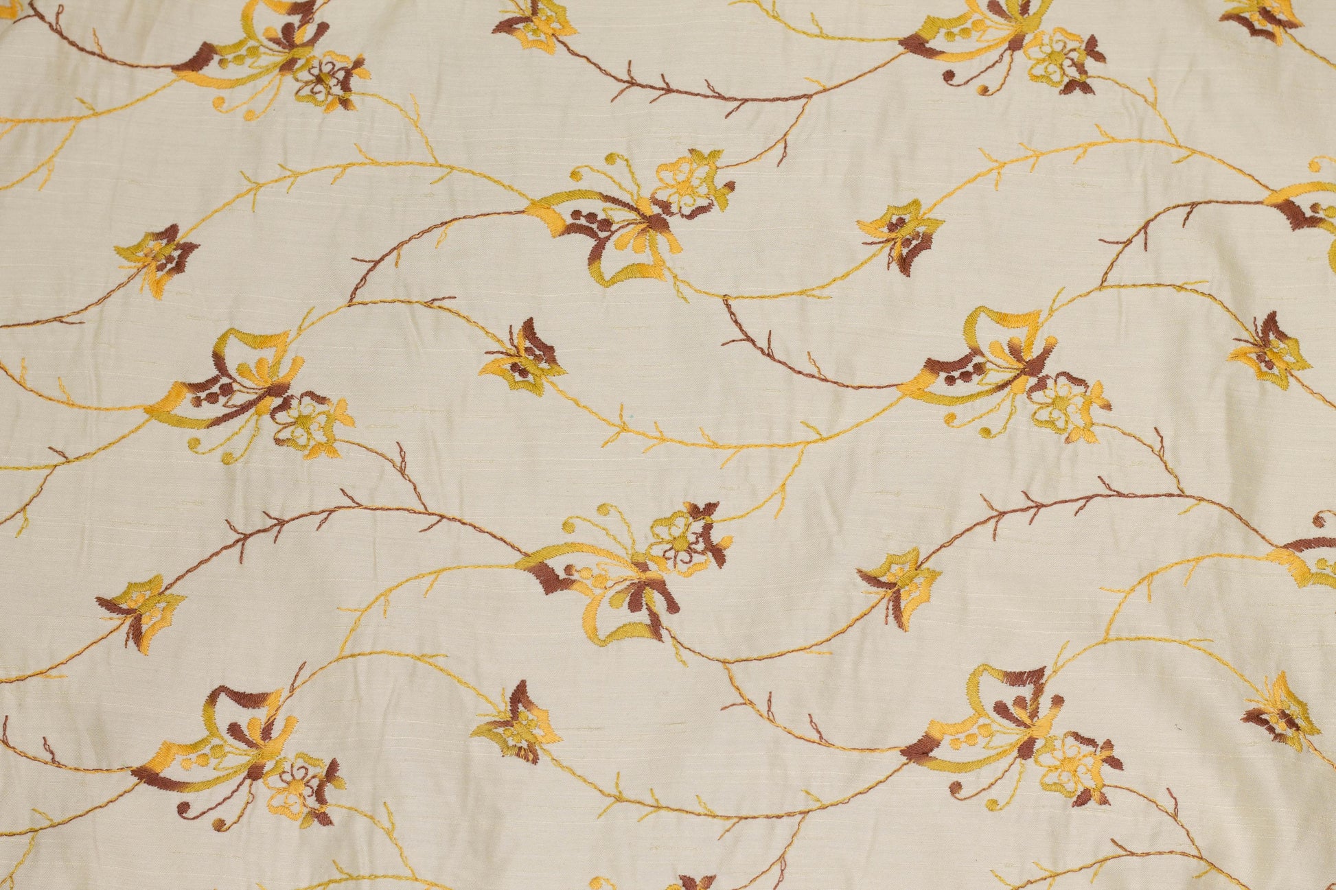 Ivory, Yellow, and Brown Embroidered Floral Linen - Prime Fabrics