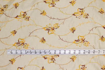 Ivory, Yellow, and Brown Embroidered Floral Linen - Prime Fabrics