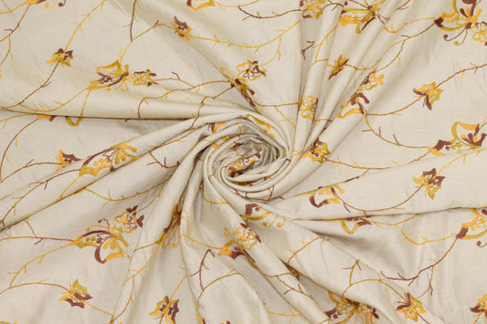 Ivory, Yellow, and Brown Embroidered Floral Linen - Prime Fabrics