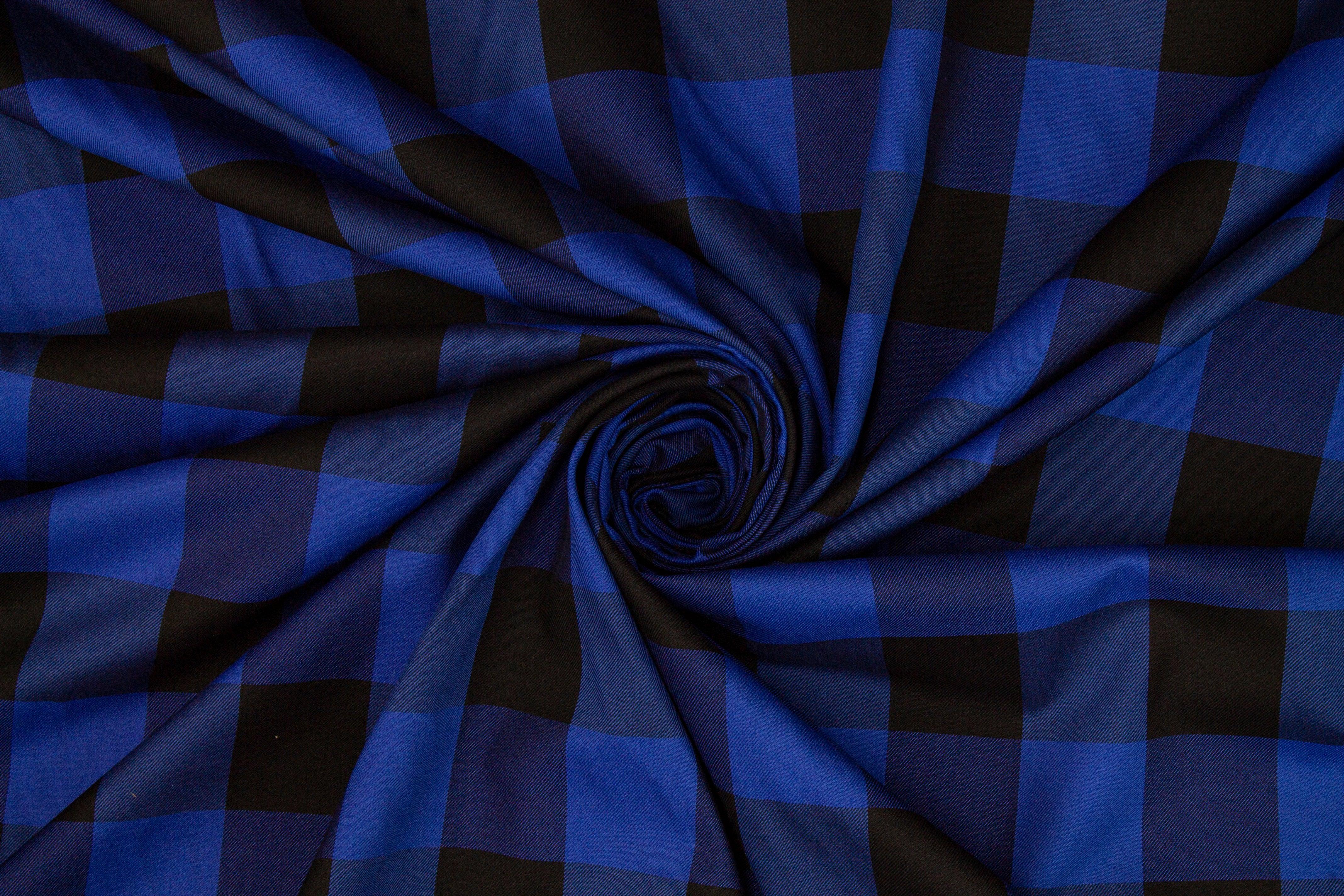 Buffalo Plaid Silk and Cotton Twill - Royal Blue and Black - Prime Fabrics