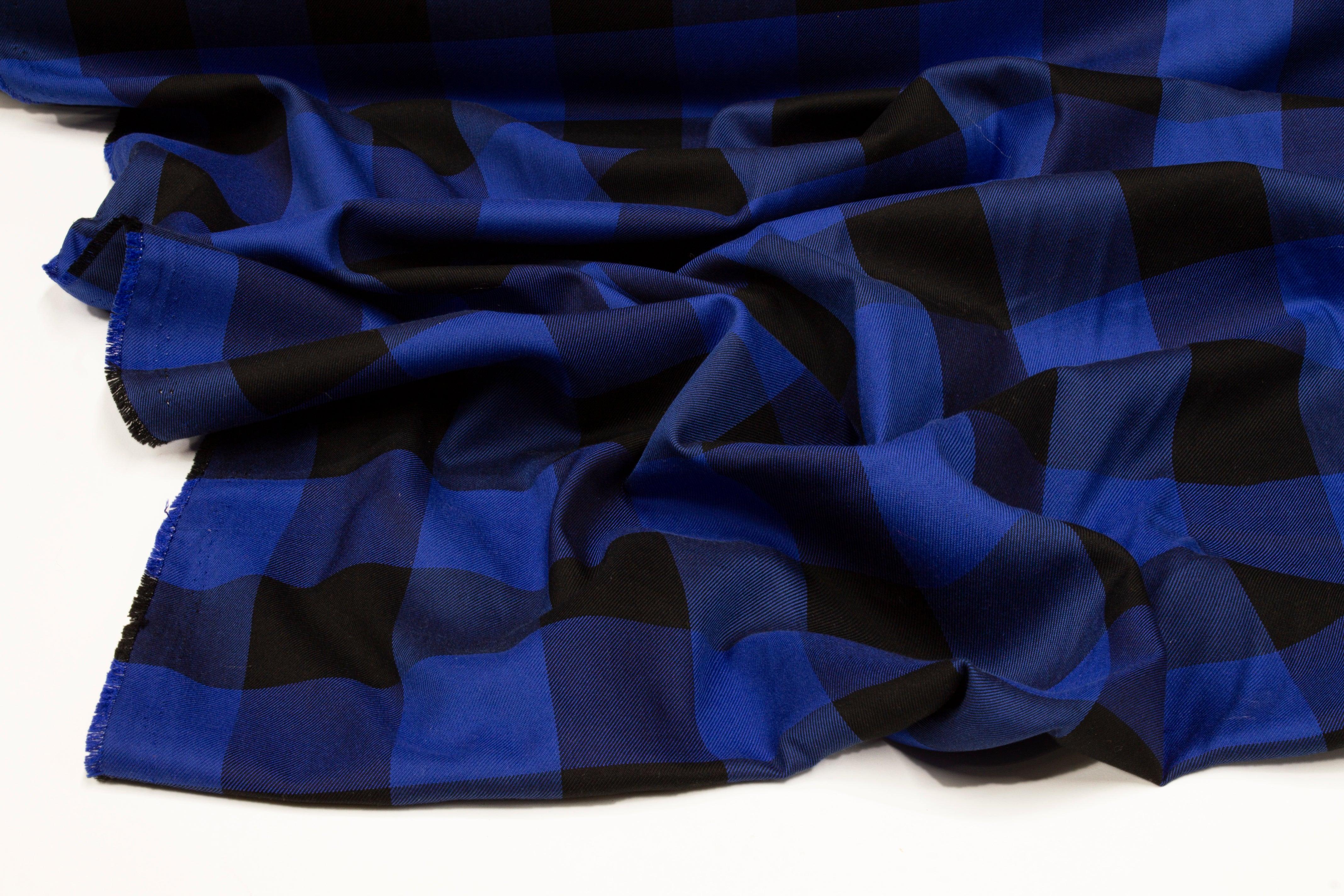 Buffalo Plaid Silk and Cotton Twill - Royal Blue and Black - Prime Fabrics