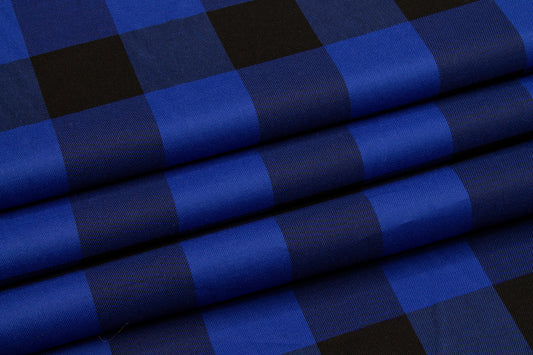 Buffalo Plaid Silk and Cotton Twill - Royal Blue and Black - Prime Fabrics