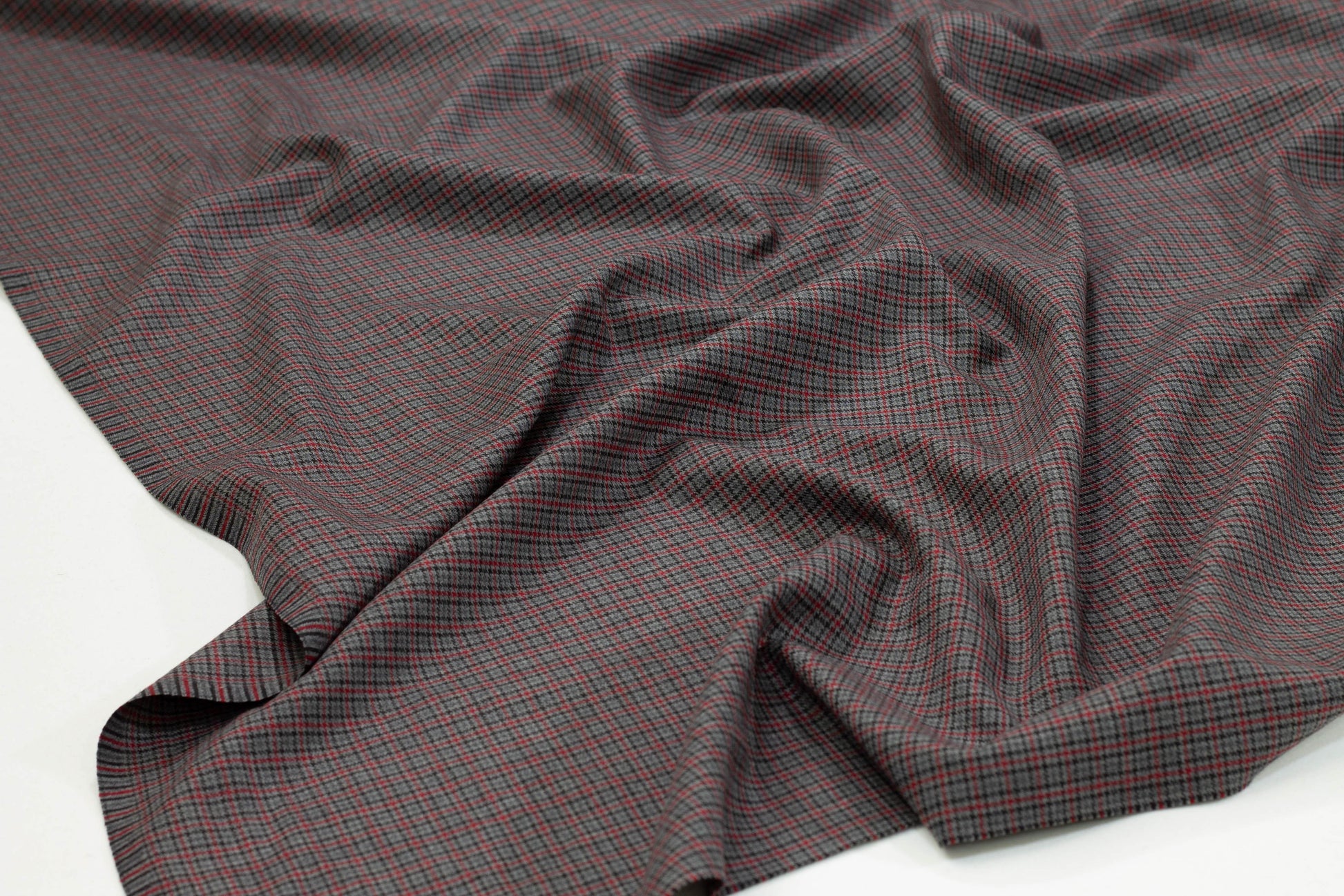 Gray, Red, and Black Mini Check Italian Wool Suiting - Prime Fabrics