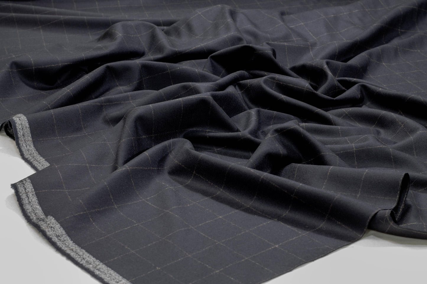 Navy Blue Windowpane Checked Italian Wool Suiting - Prime Fabrics
