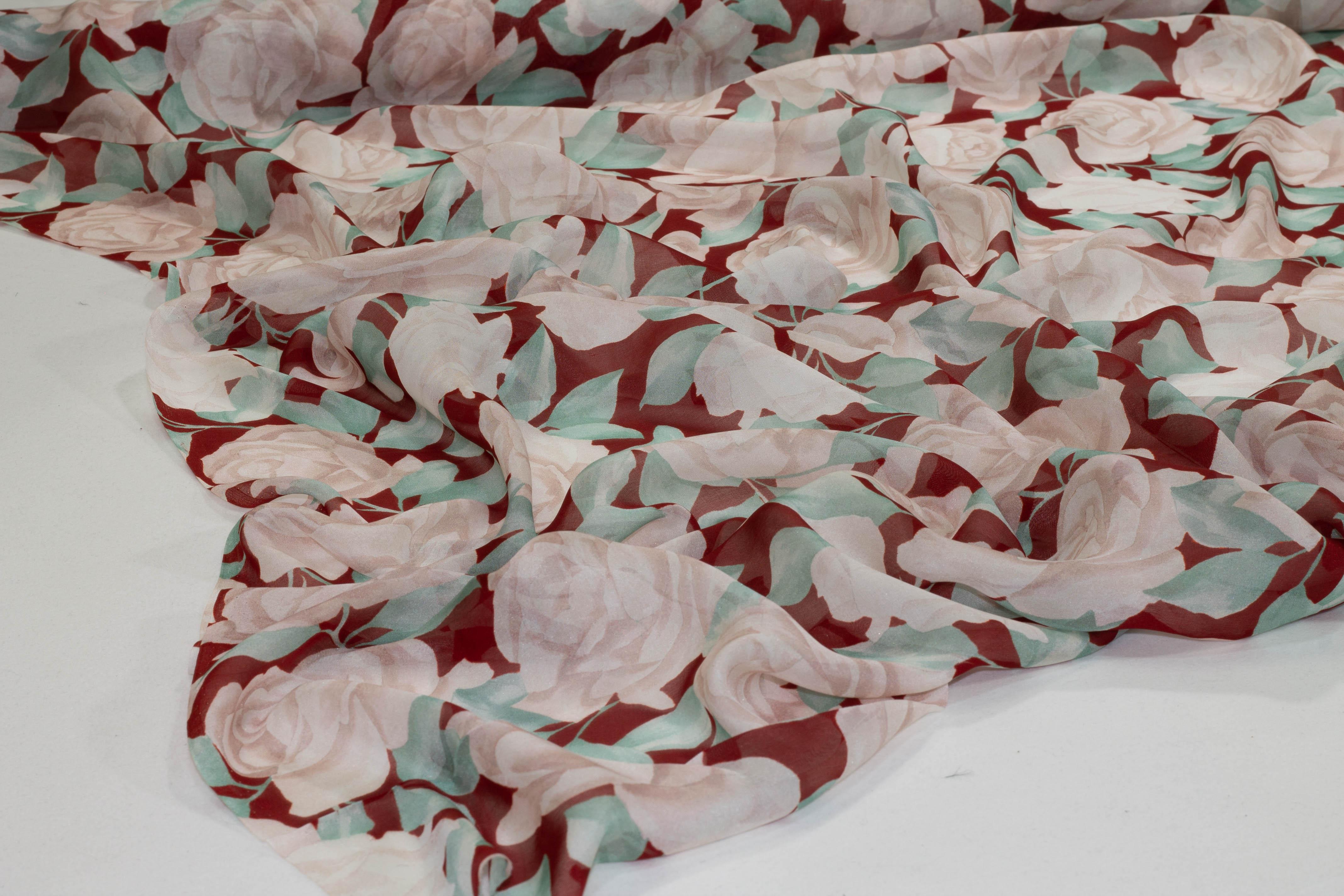 Red and Turquoise Floral Silk Chiffon - Prime Fabrics