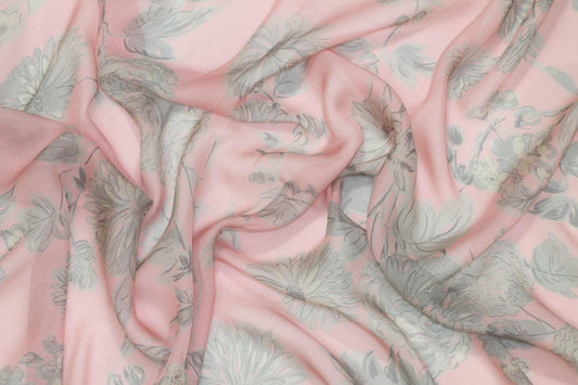 Pink and Gray Floral Silk Chiffon - Prime Fabrics