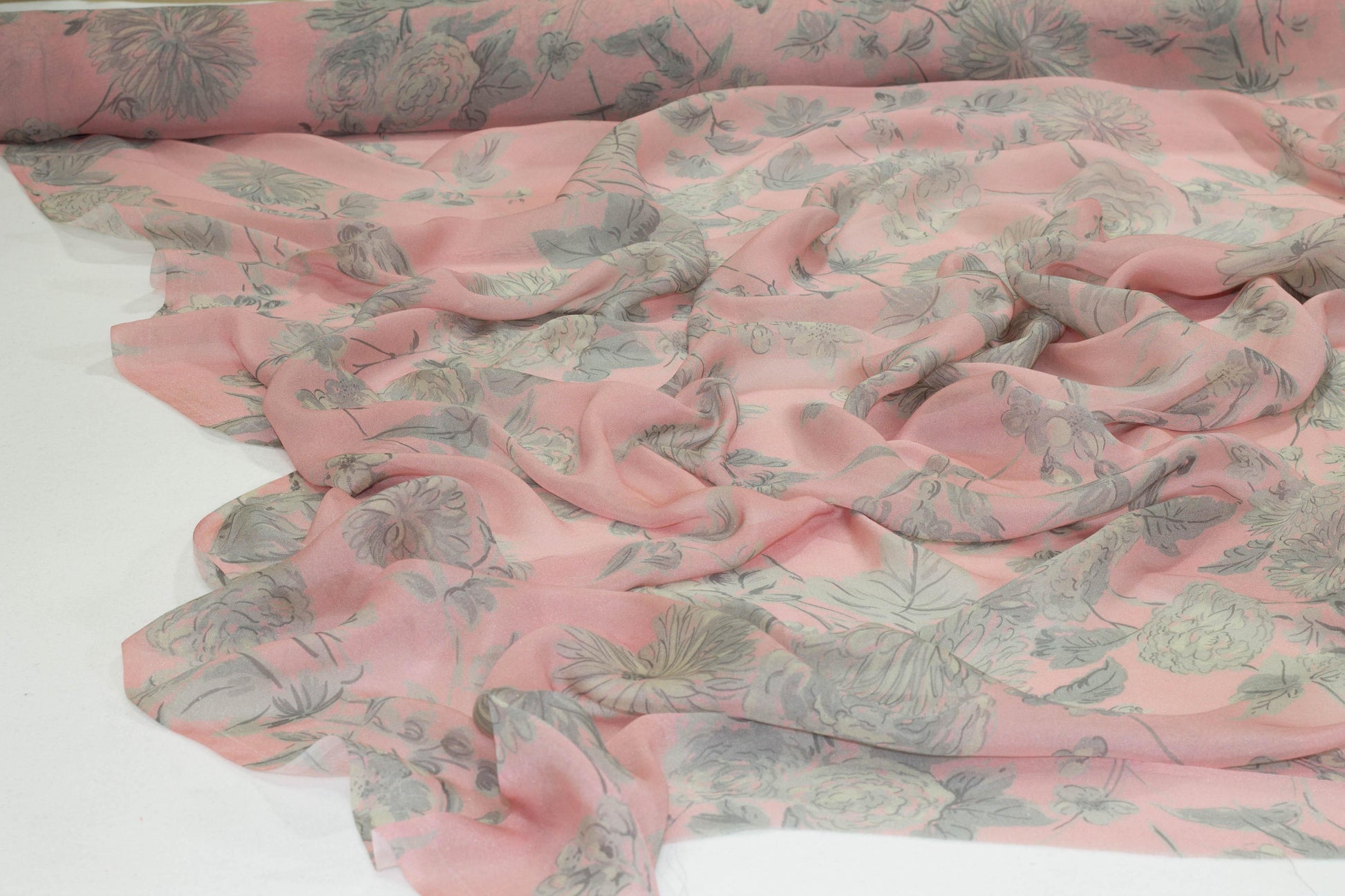 Pink and Gray Floral Silk Chiffon - Prime Fabrics
