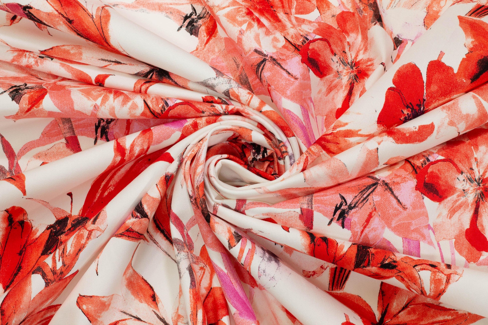 Red and White Floral Italian Stretch Cotton - Prime Fabrics