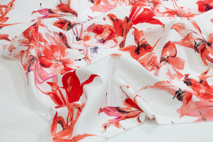 Red and White Floral Italian Stretch Cotton - Prime Fabrics