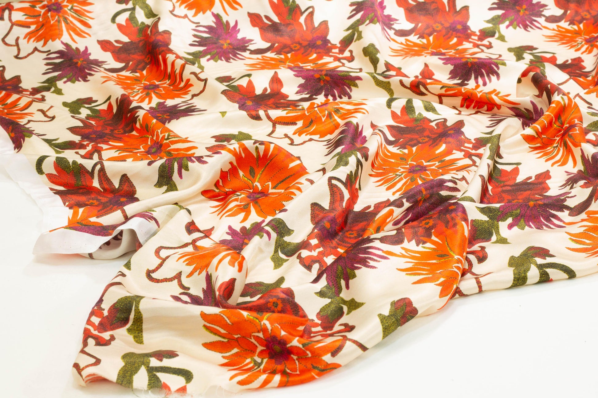 Red and Orange Floral Italian Silk Charmeuse - Prime Fabrics