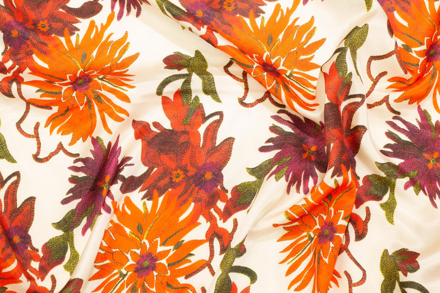 Red and Orange Floral Italian Silk Charmeuse - Prime Fabrics