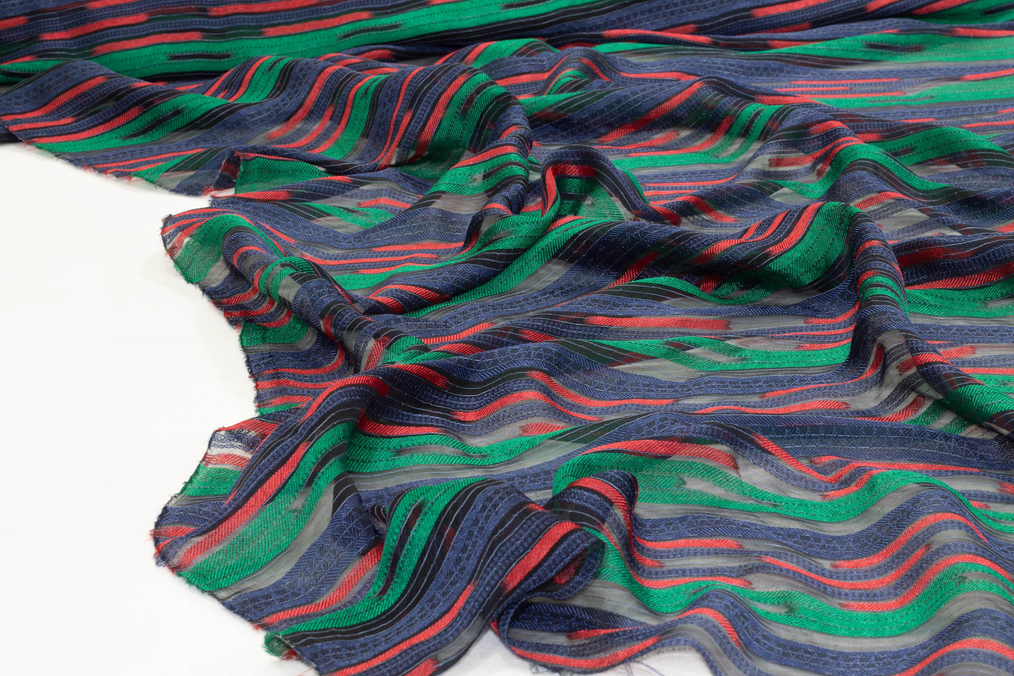 Green, Navy, and Red Striped Italian Silk Chiffon - Prime Fabrics
