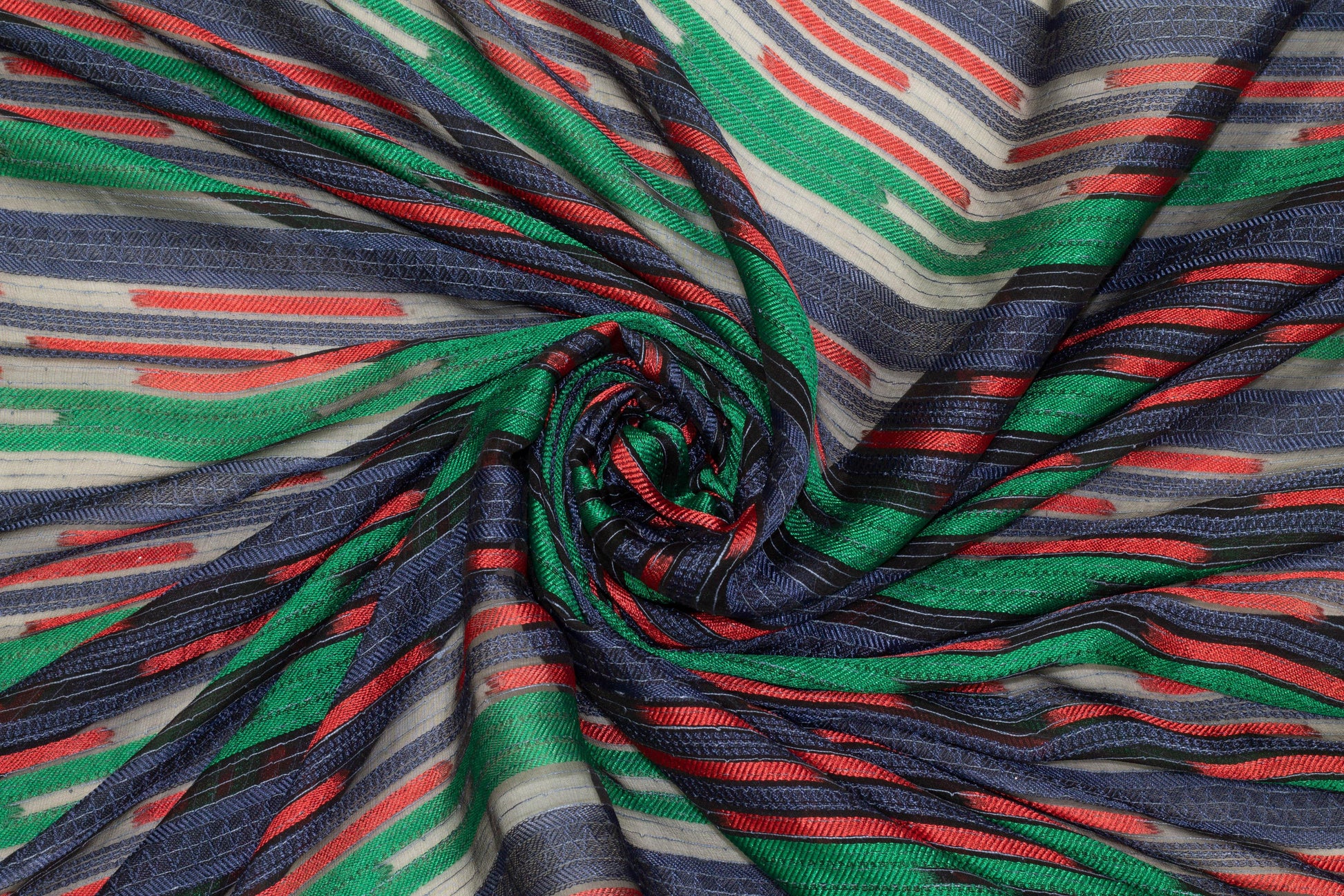 Green, Navy, and Red Striped Italian Silk Chiffon - Prime Fabrics