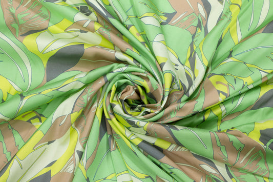 Floral Italian Viscose Charmeuse - Green, Yellow, Brown - Prime Fabrics