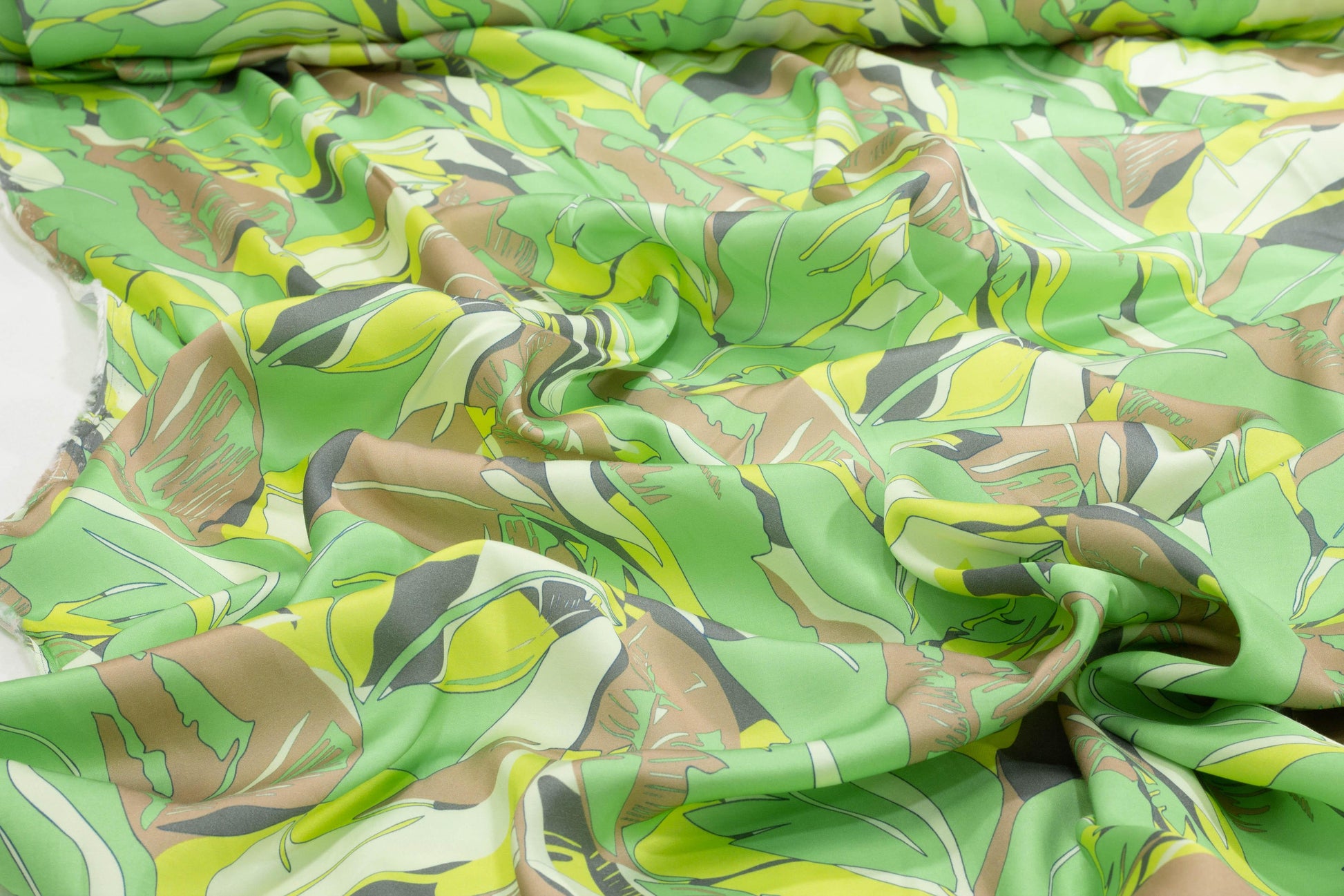 Floral Italian Viscose Charmeuse - Green, Yellow, Brown - Prime Fabrics