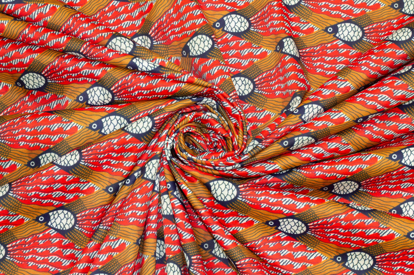 Orange, Brown, and Navy Polyester Stretch Satin - Prime Fabrics