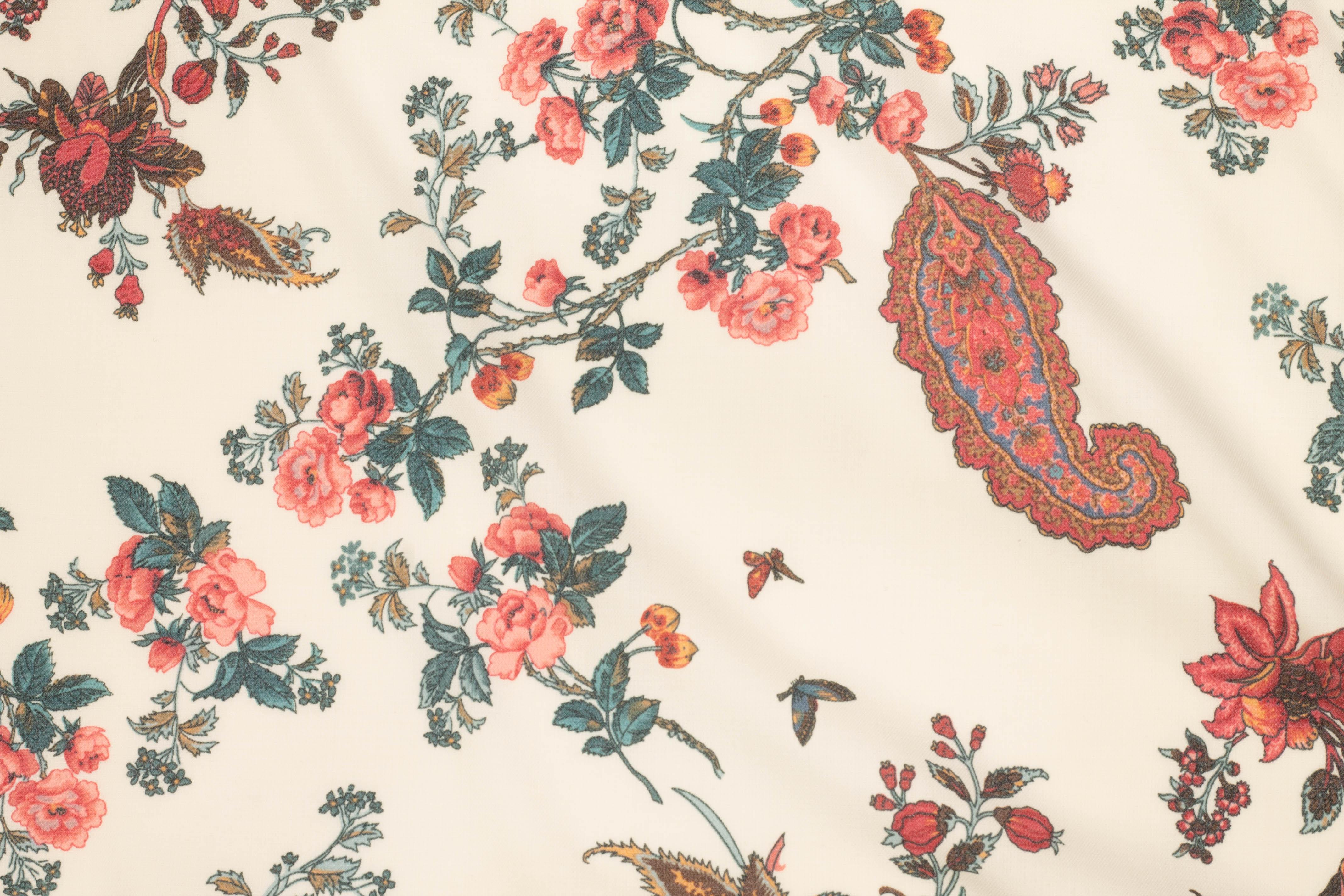 Off White and Multicolor Floral Italian Stretch Wool - Prime Fabrics