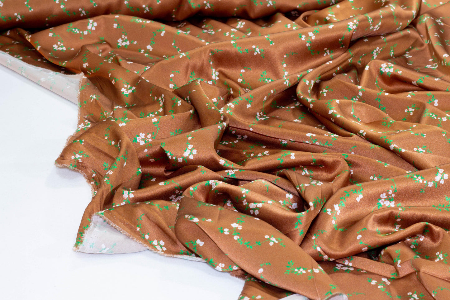 Brown Floral Stretch Silk Charmeuse - Prime Fabrics