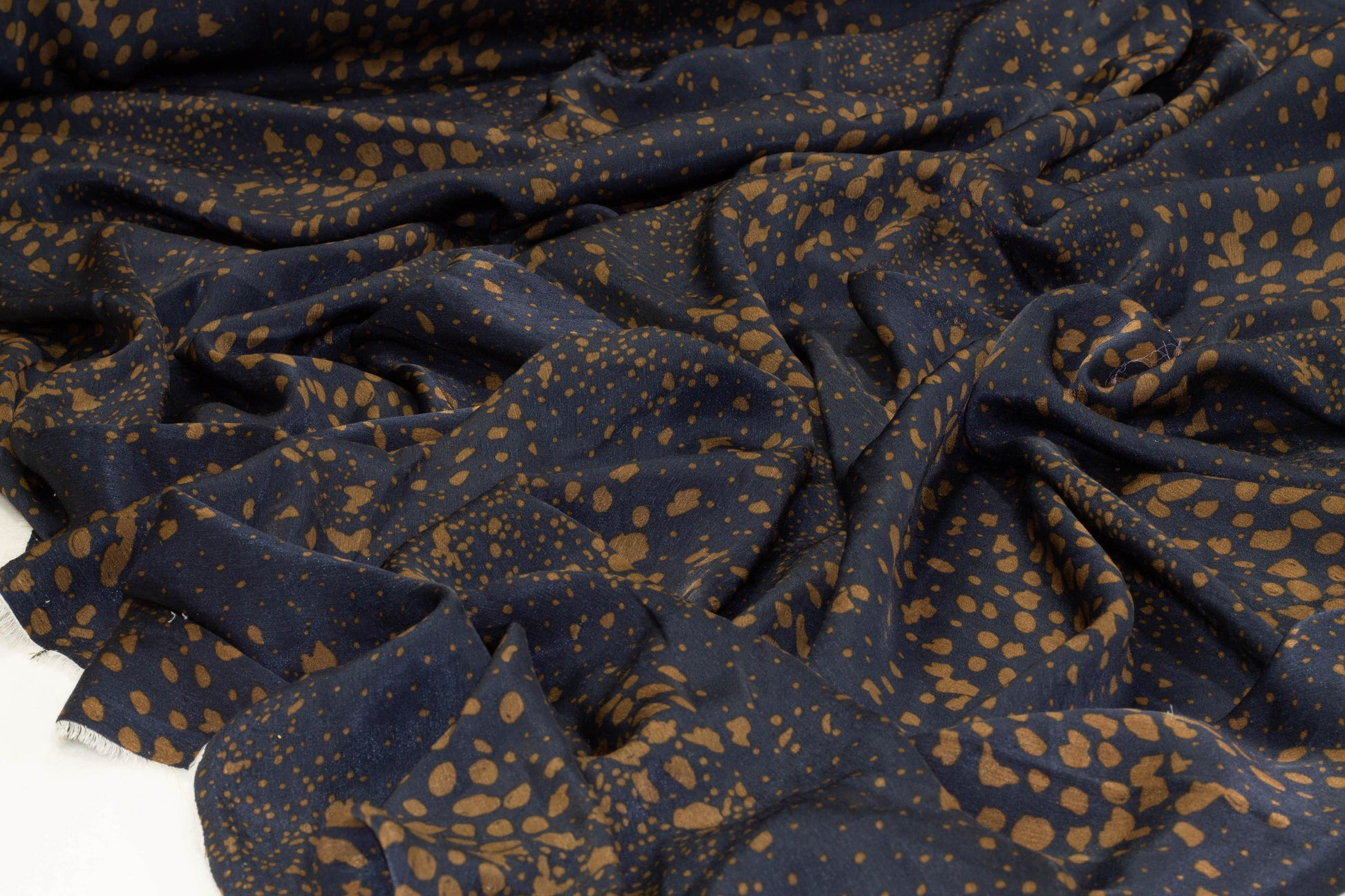 Navy and Gold Splatter Polyester Charmeuse - Prime Fabrics