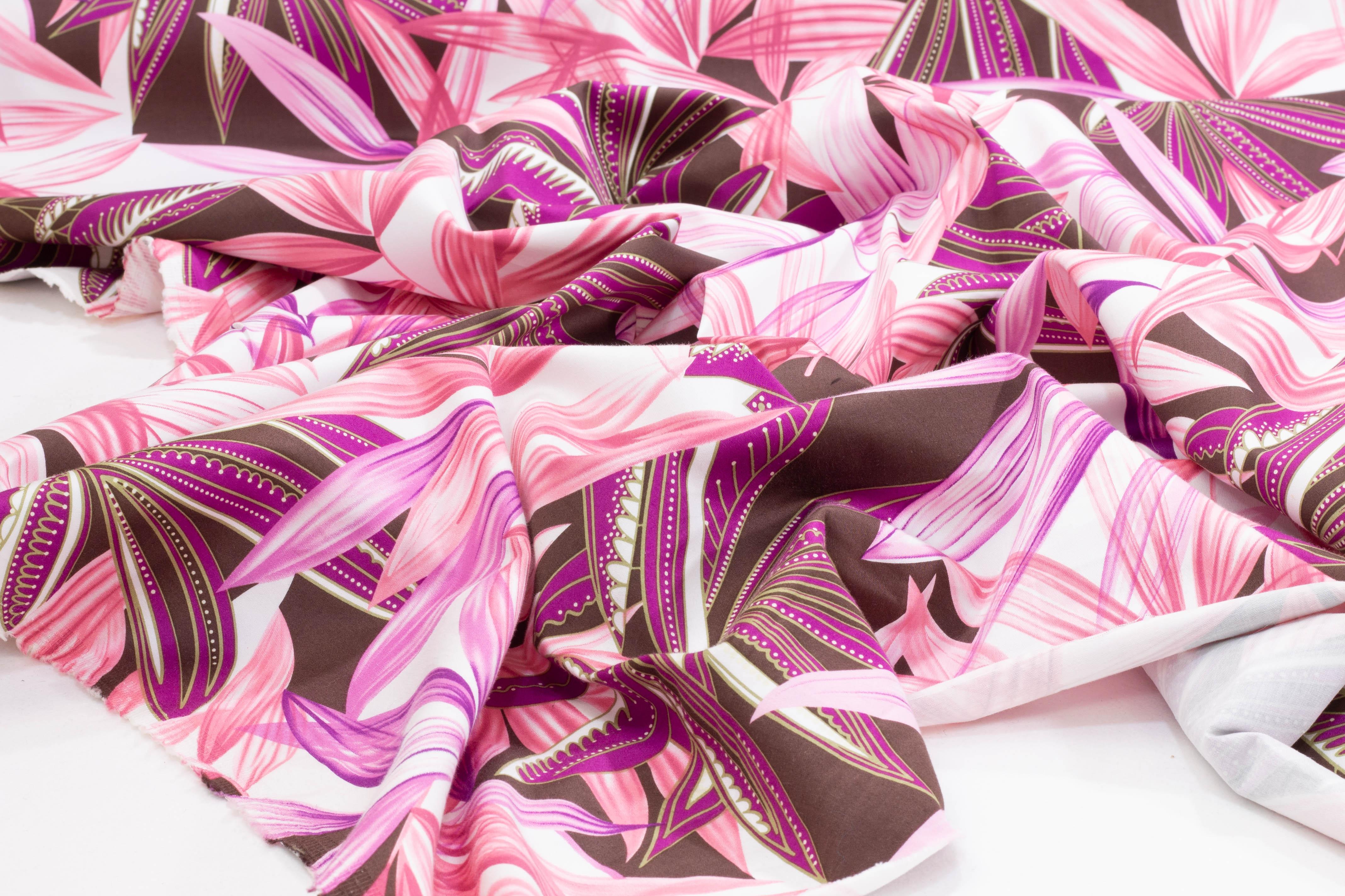 Pink and Brown Floral Stretch Cotton Sateen - Prime Fabrics
