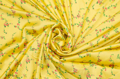 Yellow and Multicolor Floral Stretch Silk Charmeuse - Prime Fabrics