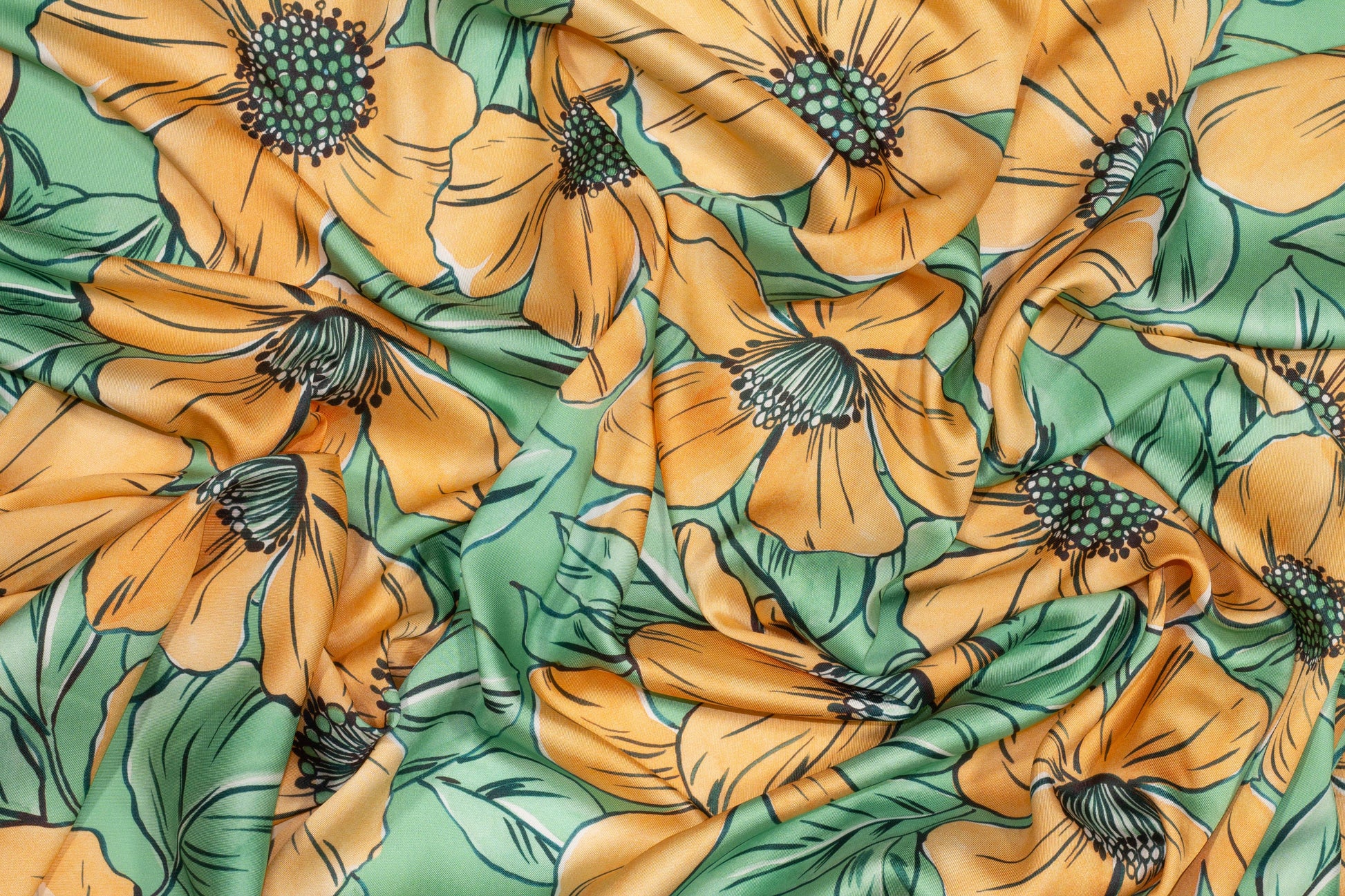 Green and Orange Floral Silk Charmeuse - Prime Fabrics