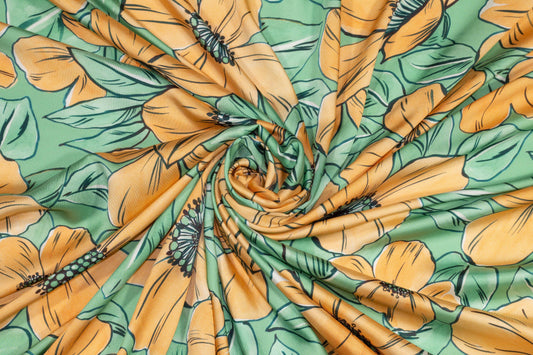 Green and Orange Floral Silk Charmeuse - Prime Fabrics