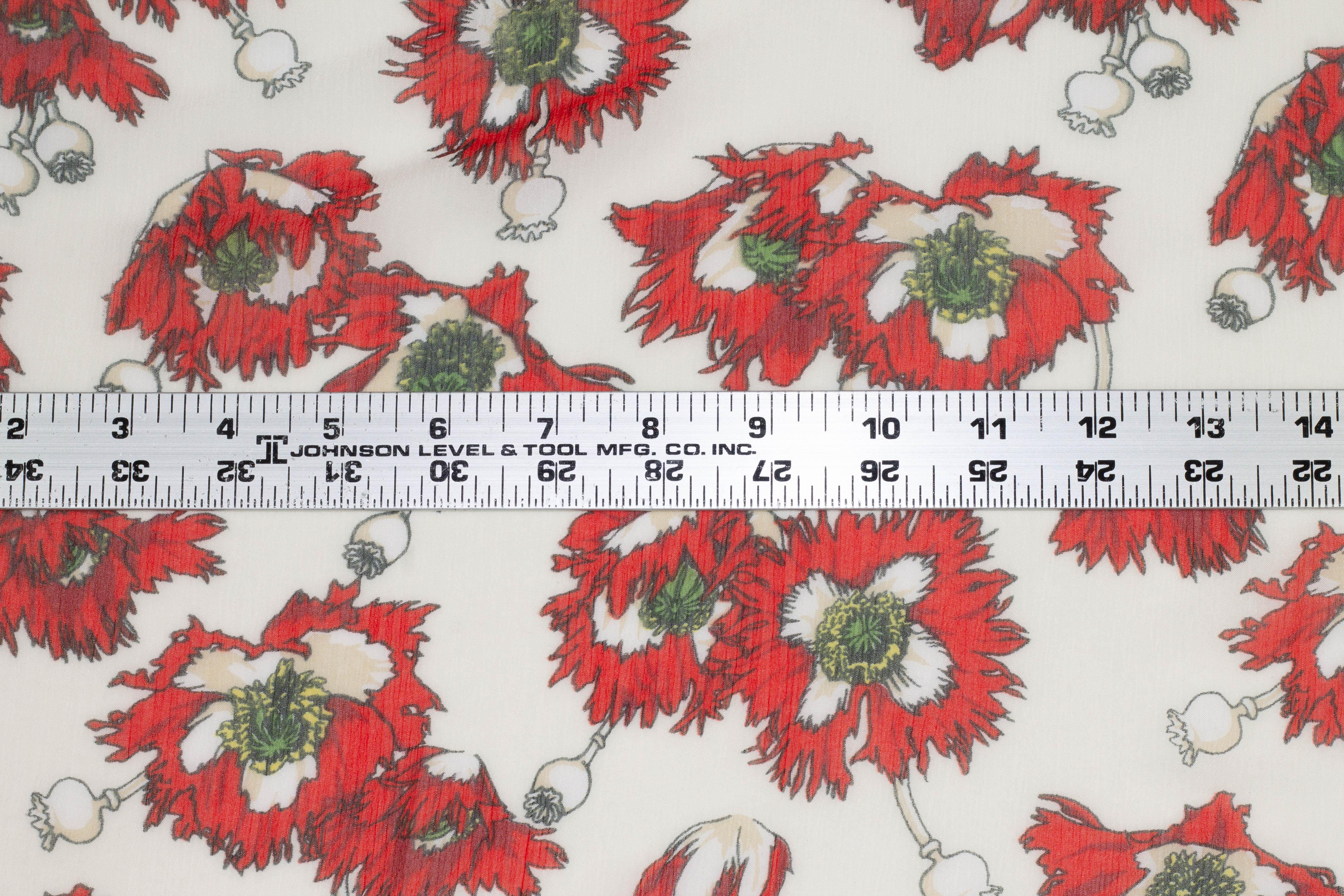Red and White Floral Crushed Silk Chiffon - Prime Fabrics