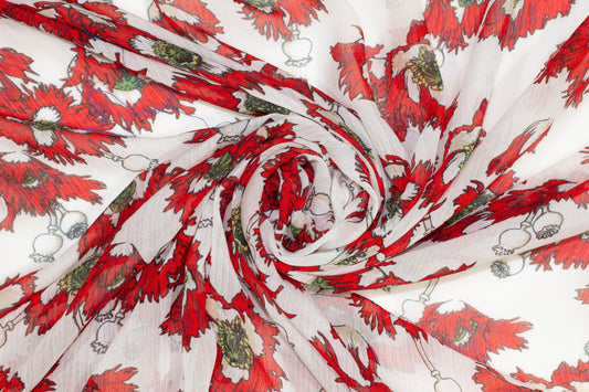 Red and White Floral Crushed Silk Chiffon - Prime Fabrics
